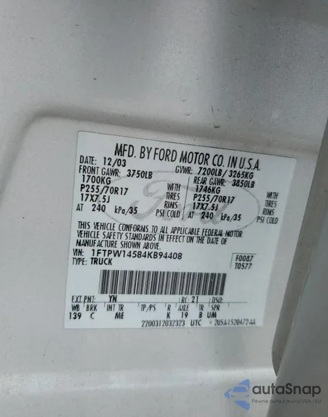 2004 Ford F150 Supercrew z USA, uszkodzony, nr VIN 1FTPW14584KB94408